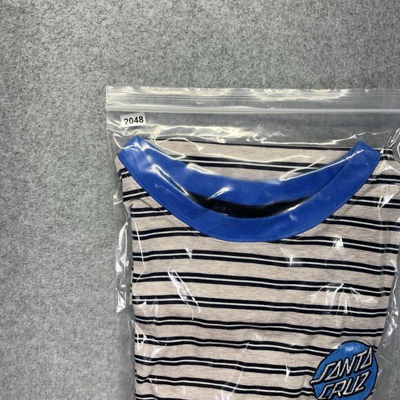 Santa Cruz Striped T-Shirt Men’s Large Blue Neck Logo Patch Y2K Skatewear - Picture 9 of 9